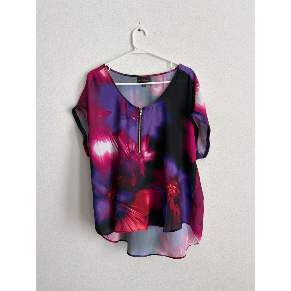 Bold Elements Blouse Top Womens XL Multi Floral Cuffed Sleeve Quarter Zip Boho